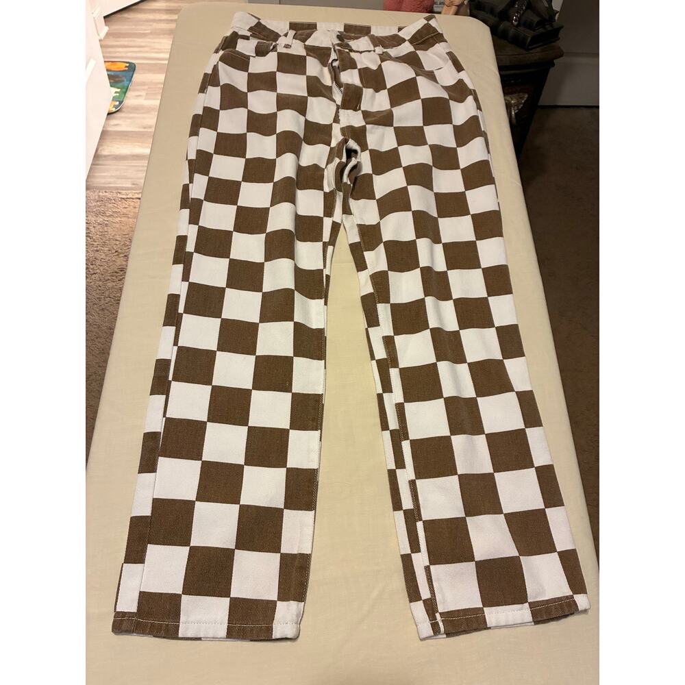 SHEIN Checkerboard Pants Womens L Brown White Straight Leg Y2K Skater old skool